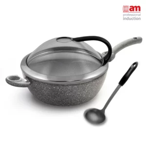 Tegame alto 28cm antiaderente effetto pietra con coperchio sughiera e mestolo
