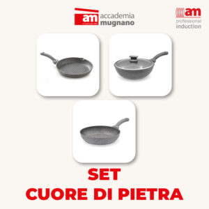 Set saltapasta con coperchio + padella + bistecchiera tonda ad induzione- Cuore di Pietra